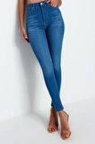 Kadın Moda Şık Kot Pantolon Dar Paça Regular Boy Denim Mavi İncelten Etki Yüksek Bel Skinny Jeans