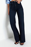 Kadın Moda Şık Kot Pantolon Geniş Paça Uzun Boy Denim Gece Mavisi Yüksek Bel Jeans