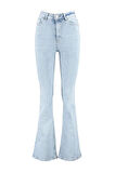 Kadın Moda Şık Kot Pantolon İspanyol Paça Uzun Boy Denim Mavi Yüksek Bel Jeans