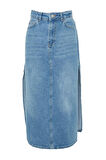 Kadın Moda Stil Maxi Astarsız Denim Yırtmaçlı Yüksek Bel Maxi Denim Etek