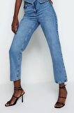 Kadın Moda Şık Kot Pantolon Boru Paça Regular Boy Denim Yüksek Bel Straight Jeans