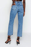 Kadın Moda Şık Kot Pantolon Boru Paça Regular Boy Denim Yüksek Bel Straight Jeans