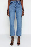 Kadın Moda Şık Kot Pantolon Boru Paça Regular Boy Denim Yüksek Bel Straight Jeans