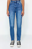 Kadın Moda Şık Kot Pantolon Boru Paça Uzun Boy Denim Ekru Yüksek Bel Slim Mom Jeans