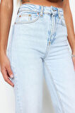 Kadın Moda Şık Kot Pantolon Boru Paça Uzun Boy Denim Ekru Yüksek Bel Slim Mom Jeans