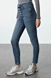 Kadın Moda Şık Kot Pantolon Dar Paça Regular Boy Denim Önden Düğmeli Yüksek Bel Skinny Jeans
