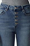 Kadın Moda Şık Kot Pantolon Dar Paça Regular Boy Denim Önden Düğmeli Yüksek Bel Skinny Jeans