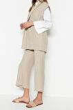 Kadın Moda Şık Boru Paça Kolsuz Krem İçten Bağlamalı Keten Görünümlü Kimono-Pantolon Dokuma Takım