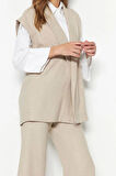 Kadın Moda Şık Boru Paça Kolsuz Krem İçten Bağlamalı Keten Görünümlü Kimono-Pantolon Dokuma Takım