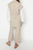 Kadın Moda Şık Boru Paça Kolsuz Krem İçten Bağlamalı Keten Görünümlü Kimono-Pantolon Dokuma Takım