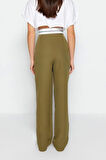 Kadın Yeni Moda Boru Paça Regular Boy Dokuma Wide Leg Geniş Paça Yüksek Bel Kemer Detaylı Pantolon