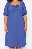 Kadın Moda Şık Büyük Beden Midi Boy Kalp Yaka Relaxed Örme Elbise