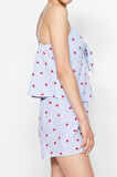 Kadın Polyester V Yaka Askılı Kol Çizgili Kalp Desenli İp Askılı Poplin Dokuma Pijama Takımı