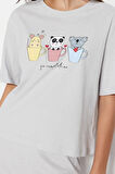 Kadın Bisiklet Yaka Kısa Kol Pamuklu Kiraz Baskılı T-shirt-Pantolon Örme Pijama Takımı