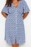 Kadın Moda Şık Büyük Beden Midi Boy V Yaka Relaxed Çiçekli Dokuma Elbise