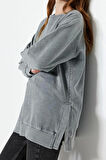 Kadın Tesettür Moda Şık Regular Bisiklet Yaka Standart Kol Regular Yıkamalı Örme Sweatshirt