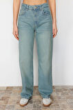 Kadın Moda Şık Kot Pantolon Geniş Paça Uzun Boy Denim Mavi Soluk Vintage Yüksek Bel Jeans