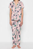 Kadın %100 Pamuk Gömlek Yaka Kısa Kol %100 Pamuk Çiçek Desenli Gömlek-Pantolon Örme Pijama Takımı
