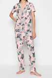 Kadın %100 Pamuk Gömlek Yaka Kısa Kol %100 Pamuk Çiçek Desenli Gömlek-Pantolon Örme Pijama Takımı