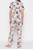Kadın %100 Pamuk Gömlek Yaka Kısa Kol %100 Pamuk Çiçek Desenli Gömlek-Pantolon Örme Pijama Takımı