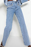 Kadın Moda Şık Kot Pantolon Geniş Paça Uzun Boy Denim Mavi Aksesuar Detaylı Yüksek Bel Jeans