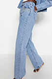 Kadın Moda Şık Kot Pantolon Geniş Paça Uzun Boy Denim Mavi Aksesuar Detaylı Yüksek Bel Jeans