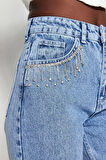 Kadın Moda Şık Kot Pantolon Geniş Paça Uzun Boy Denim Mavi Aksesuar Detaylı Yüksek Bel Jeans
