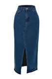 Kadın Moda Stil Maxi Astarsız Denim Yırtmaçlı Maxi Denim Etek
