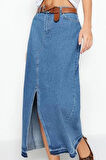 Kadın Moda Stil Maxi Astarsız Denim Yırtmaçlı Maxi Denim Etek