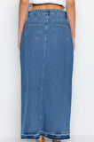 Kadın Moda Stil Maxi Astarsız Denim Yırtmaçlı Maxi Denim Etek