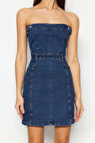 Yeni Fit Şık Abiye Gece Stretch Denim Straplez Kolsuz Kol Basic Mini Boy Elbise