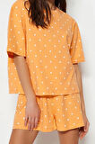 Kadın Bisiklet Yaka Boru Paça Kısa Kol %100 Pamuklu Kalp Desenli T-shirt-Şort Örme Pijama Takımı