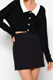 Kadın Moda Şık Crop Bebe Yaka Regular Süper Crop Gömlek Yaka Garnili Triko Hırka