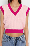 Kadın Moda Şık Crop V Yaka Kolsuz Renk Bloklu Crop Triko Süveter