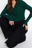 Kadın Moda Şık Crop Polo Yaka Slim Crop Fermuarlı Triko Hırka
