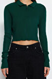 Kadın Moda Şık Crop Polo Yaka Slim Crop Fermuarlı Triko Hırka