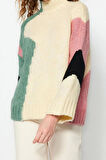 Kadın Moda Şık Regular Dik Yaka Uzun Kol Renk Bloklu Yumuşak Dokulu Geniş Kalıp Triko Kazak