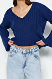 Kadın Moda Şık V Yaka Standart Kol Crop Yünlü Geniş Kalıp Basic Triko Kazak