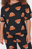 Büyük Beden Kadın Pamuklu Bisiklet Yaka Kısa Kol Ayıcık Desenli Örme Pijama Takımı