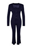 Kadın Moda Şık Geniş Paça Crop Boy Uzun Kollu Fitillli Bluz Hırka Pantolon Triko Alt-Üst Takım