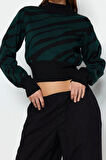 Kadın Moda Şık Crop Dik Yaka Uzun Kol Zebra Zebra Desenli Crop Triko Kazak