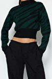 Kadın Moda Şık Crop Dik Yaka Uzun Kol Zebra Zebra Desenli Crop Triko Kazak