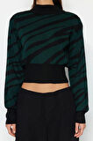 Kadın Moda Şık Crop Dik Yaka Uzun Kol Zebra Zebra Desenli Crop Triko Kazak