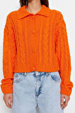 Kadın Moda Şık Crop Polo Yaka Regular Crop Polo Yaka Triko Hırka