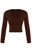 Kadın Moda Şık Crop V Yaka Slim Crop Bağlama Detaylı Bluz-Hırka Triko Takım