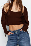 Kadın Moda Şık Crop V Yaka Slim Crop Bağlama Detaylı Bluz-Hırka Triko Takım