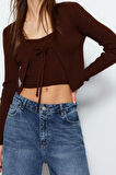Kadın Moda Şık Crop V Yaka Slim Crop Bağlama Detaylı Bluz-Hırka Triko Takım