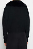 Kadın Moda Şık Crop V Yaka Regular Crop Kürk Detaylı Triko Hırka