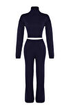 Kadın Moda Şık Geniş Paça Crop Boy Uzun Kollu Bağlama Detaylı Crop Triko Alt-Üst Takım