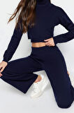 Kadın Moda Şık Geniş Paça Crop Boy Uzun Kollu Bağlama Detaylı Crop Triko Alt-Üst Takım